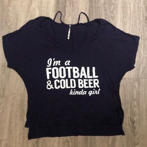 V-neck, slight off-shoulder tee